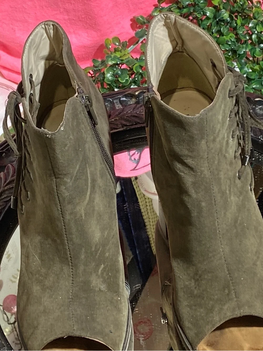 Maurices Olive Green Suede Peep-Toe Lace-Up Block Heel Booties